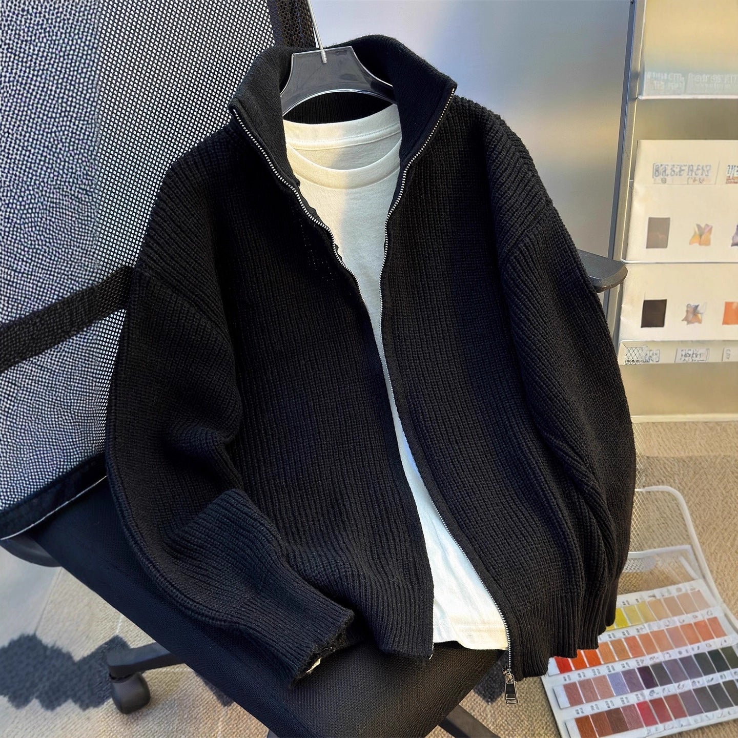 Mens Hip-Hop Retro Zip-Up Knitted Cardigan Warm Sweater