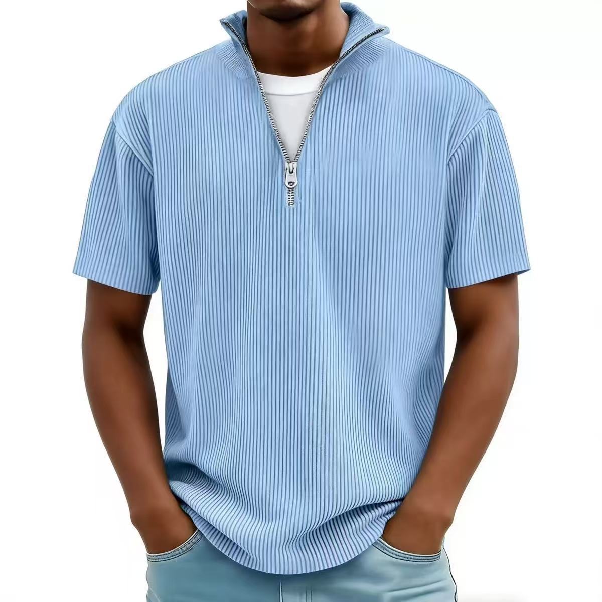 New Summer Men's Casual Stand-up Collar Corduroy Short-sleeved Shirt With Zipper