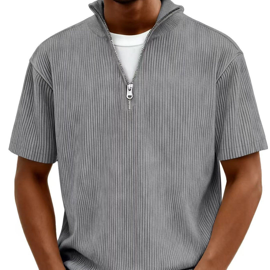 New Summer Men's Casual Stand-up Collar Corduroy Short-sleeved Shirt With Zipper